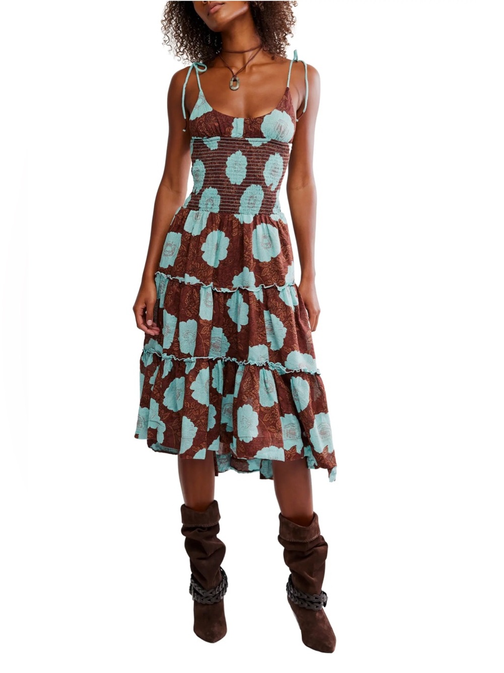 Free People Adriel Floral Tie Strap Tiered Midi Dress
